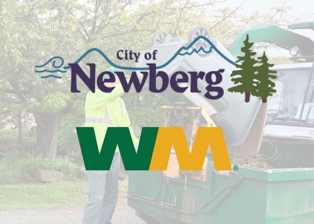 City of Newberg logo and Waste Management logo over a stock photo of a person emptying a trash can. Graphic: Newsberg